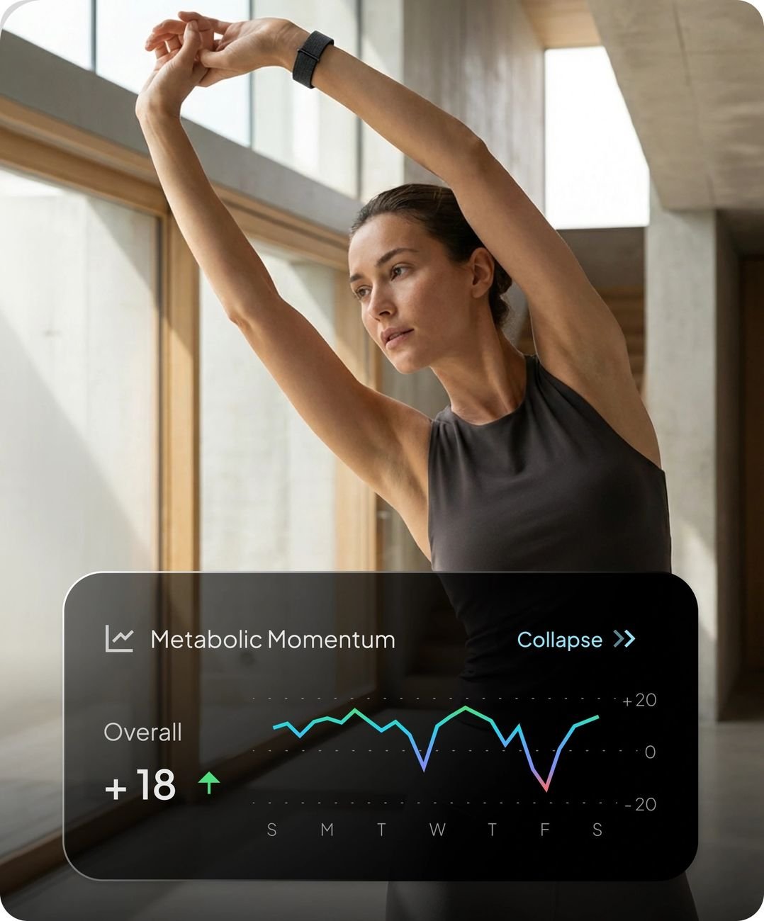 Frau dehnt sich, das Hume Band am Handgelenk, Metabolic-Momentum-Kurve in der App sichtbar