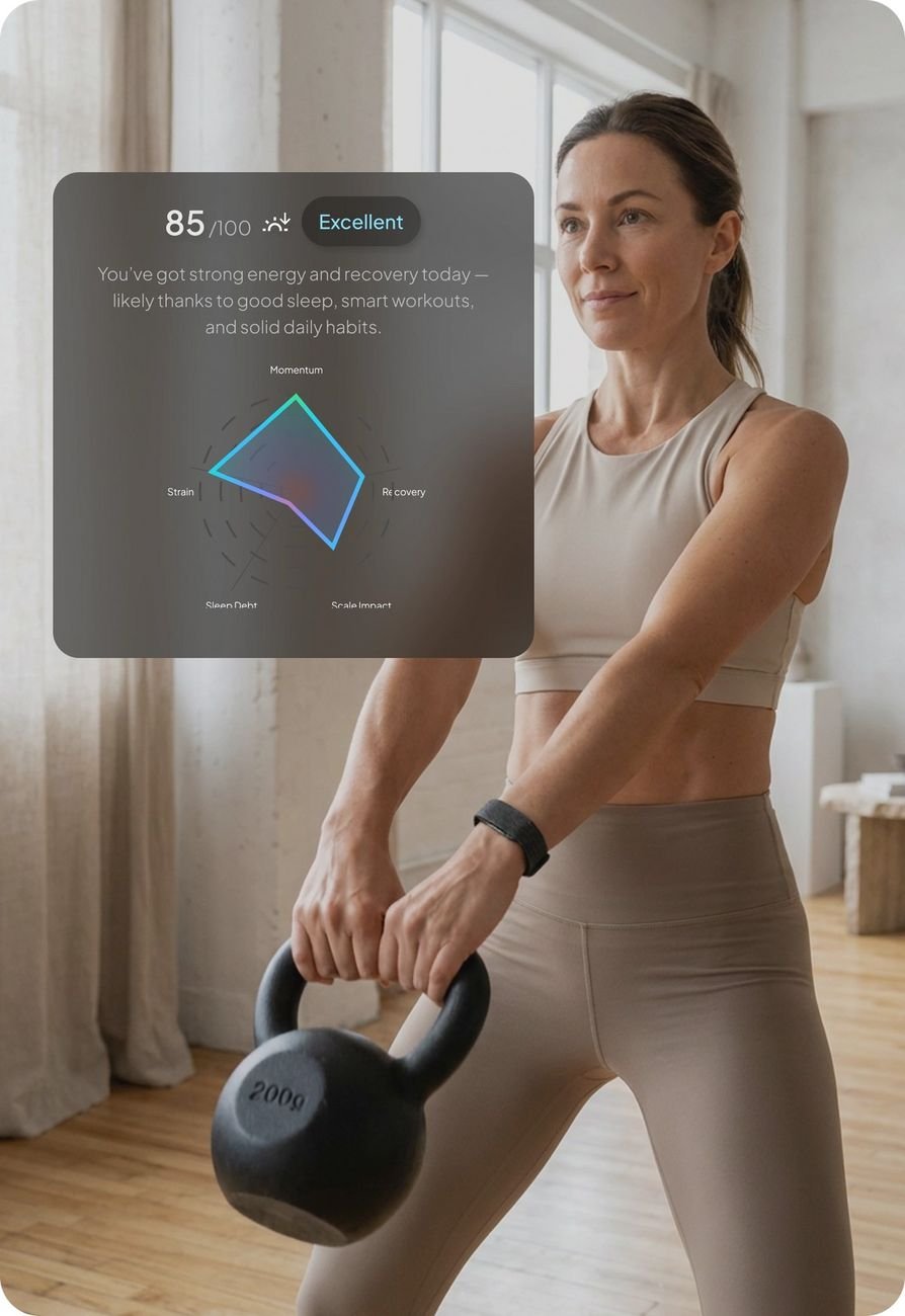 Frau trainiert mit Kettlebell und trägt dabei das Hume Band — Metabolic-Capacity-Wert in der App